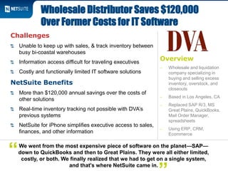 Overview
‒ Wholesale and liquidation
company specializing in
buying and selling excess
inventory, overstock, and
closeouts
‒ Based in Los Angeles, CA
‒ Replaced SAP R/3, MS
Great Plains, QuickBooks,
Mail Order Manager,
spreadsheets
‒ Using ERP, CRM,
Ecommerce
Challenges
Unable to keep up with sales, & track inventory between
busy bi-coastal warehouses
Information access difficult for traveling executives
Costly and functionally limited IT software solutions
NetSuite Benefits
More than $120,000 annual savings over the costs of
other solutions
Real-time inventory tracking not possible with DVA’s
previous systems
NetSuite for iPhone simplifies executive access to sales,
finances, and other information
Wholesale Distributor Saves $120,000
Over Former Costs for IT Software
We went from the most expensive piece of software on the planet—SAP—
down to QuickBooks and then to Great Plains. They were all either limited,
costly, or both. We finally realized that we had to get on a single system,
and that's where NetSuite came in.
“
 