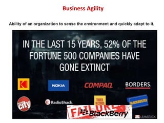 Ability of an organization to sense the environment and quickly adapt to it.
Business Agility
 