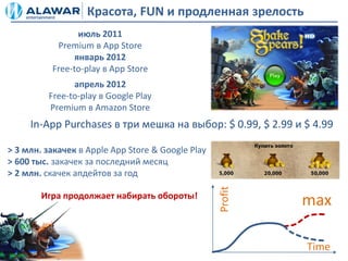 Красота, FUN и продленная зрелость
                 июль 2011
           Premium в App Store
                январь 2012
          Free-to-play в App Store
               апрель 2012
         Free-to-play в Google Play
         Premium в Amazon Store
     In-App Purchases в три мешка на выбор: $ 0.99, $ 2.99 и $ 4.99

> 3 млн. закачек в Apple App Store & Google Play
> 600 тыс. закачек за последний месяц
> 2 млн. скачек апдейтов за год




                                                   Profit
        Игра продолжает набирать обороты!
                                                            max

                                                             Time
 