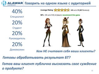 Говорить на одном языке с аудиторией

     40%
    Специалист

     20%
     Студент

     20%
   Руководитель

     20%
   Домохозяин
                       Кем НЕ считают себя ваши клиенты?
Готовы обрабатывать результат БТ?
Готов ваш клиент публично высказать свое суждение
о продукте?                                   11
 