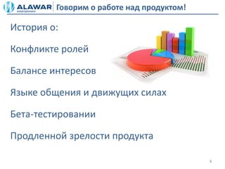 Говорим о работе над продуктом!

История о:

Конфликте ролей

Балансе интересов

Языке общения и движущих силах

Бета-тестировании

Продленной зрелости продукта

                                           3
 