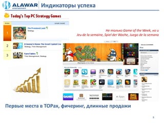 Индикаторы успеха


                                              Не только Game of the Week, но и
                          Jeu de la semaine, Spiel der Woche, Juego de la semana




Первые места в TOPах, фичеринг, длинные продажи
                                                                            8
 
