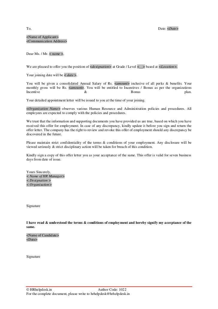 sample of offer letter for employment