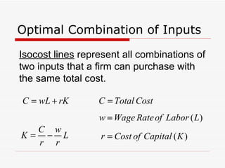Optimal Combination of Inputs Isocost lines  represent all combinations of two inputs that a firm can purchase with the same total cost. 