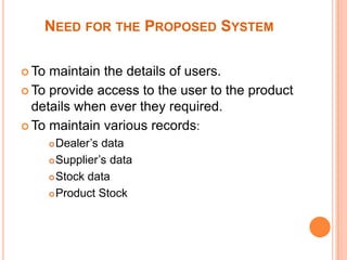 NEED FOR THE PROPOSED SYSTEM
 To

maintain the details of users.
 To provide access to the user to the product
details when ever they required.
 To maintain various records:
Dealer’s data
 Supplier’s data
 Stock data
 Product Stock


 