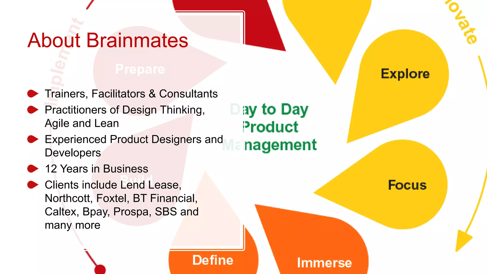 About Brainmates
Trainers, Facilitators & Consultants
Practitioners of Design Thinking,
Agile and Lean
Experienced Product Designers and
Developers
12 Years in Business
Clients include Lend Lease,
Northcott, Foxtel, BT Financial,
Caltex, Bpay, Prospa, SBS and
many more