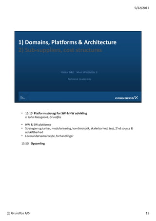 • 15.10 Platformsstrategi for SW & HW udvikling
v. John Kaasgaard, Grundfos
• HW & SW platforme
• Strategier og tanker, modularisering, kombinatorik, skalerbarhed, test, 2’nd source &
udskiftbarhed
• Leverandørsamarbejde, forhandlinger
15.50 Opsamling
15
5/22/2017
(c) Grundfos A/S
 