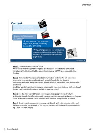 Take-1 I started the BB team in ~2008
Many years of forming and finding best practices was collected and formalized.
Introducing Unit testing, CC/CQ, system testing using MCTAP later product testing
SeqSap.
Take-2 Demands for future advanced communication and wish for IoT kicked the
process for real architecture based work broadly founded in the dev org!
Everything/everyone was pulled in and applied features, definitions, and demands for
the future.
Lead to a way-to-big reference designs, less scalable than expected and far from cheap!
But we had Small-Medium-Large and Xtra-Large platforms!
Take-3 Shortly after we did the same work again. Less people more structural
architectural work. Now focusing much more or architecture parts and process. Now we
could make platforms that could compete with lowcost, being flexible, scaleable, …
Take-4 Requirement management top-down and work with external universities and
ERFA groups make introduction of full system element and functional requirements in
eg. Doors the new way(s)
18
5/22/2017
(c) Grundfos A/S
 