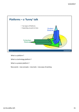 What is a platform ?
What is a technology platform ?
What is a product platform ?
New words – new concepts – new tools – new ways of working
21
5/22/2017
(c) Grundfos A/S
 