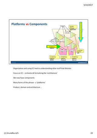 Organization and using CC lead to understanding other stuff that libraries
Focus on CC – orchestra & formalizing the ‘architecture’
We now have components
Many forms of the phrase - a ‘platforms’
Product, domain and architecture …
22
5/22/2017
(c) Grundfos A/S
 
