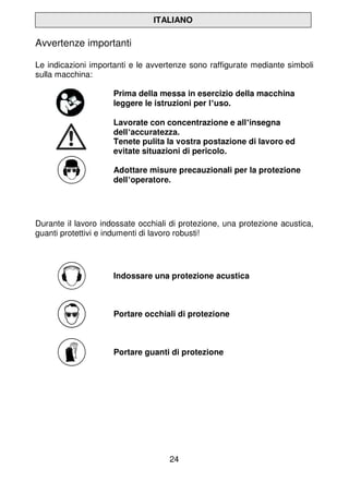 24
ITALIANO
Avvertenze importanti
Le indicazioni importanti e le avvertenze sono raffigurate mediante simboli
sulla macchi...