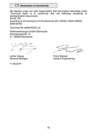 16
Declaration of Conformity
We declare under our sole responsibility that the product described under
“Technical Data” is in conformity with the following standards or
standardization documents:
EN 60 745
according to the provisions of the directives 2011/65/EU, 2004/108/EG,
2006/42/EG
Technical file (2006/42/EC) at:
Elektrowerkzeuge GmbH Eibenstock
Auersbergstraße 10
D – 08309 Eibenstock
Lothar Lässig Frank Markert
General Manager Head of Engineering
11.06.2014
 