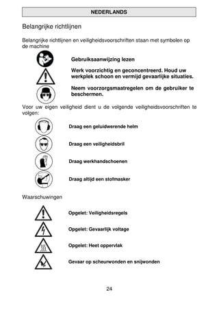 24
NEDERLANDS
Belangrijke richtlijnen
Belangrijke richtlijnen en veiligheidsvoorschriften staan met symbolen op
de machine
Gebruiksaanwijzing lezen
Werk voorzichtig en geconcentreerd. Houd uw
werkplek schoon en vermijd gevaarlijke situaties.
Neem voorzorgsmaatregelen om de gebruiker te
beschermen.
Voor uw eigen veiligheid dient u de volgende veiligheidsvoorschriften te
volgen:
Draag een geluidwerende helm
Draag een veiligheidsbril
Draag werkhandschoenen
Draag altijd een stofmasker
Waarschuwingen
Opgelet: Veiligheidsregels
Opgelet: Gevaarlijk voltage
Opgelet: Heet oppervlak
Gevaar op scheurwonden en snijwonden
 