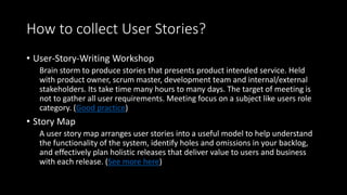How to collect User Stories?
• User-Story-Writing Workshop
Brain storm to produce stories that presents product intended service. Held
with product owner, scrum master, development team and internal/external
stakeholders. Its take time many hours to many days. The target of meeting is
not to gather all user requirements. Meeting focus on a subject like users role
category. (Good practice)
• Story Map
A user story map arranges user stories into a useful model to help understand
the functionality of the system, identify holes and omissions in your backlog,
and effectively plan holistic releases that deliver value to users and business
with each release. (See more here)
 