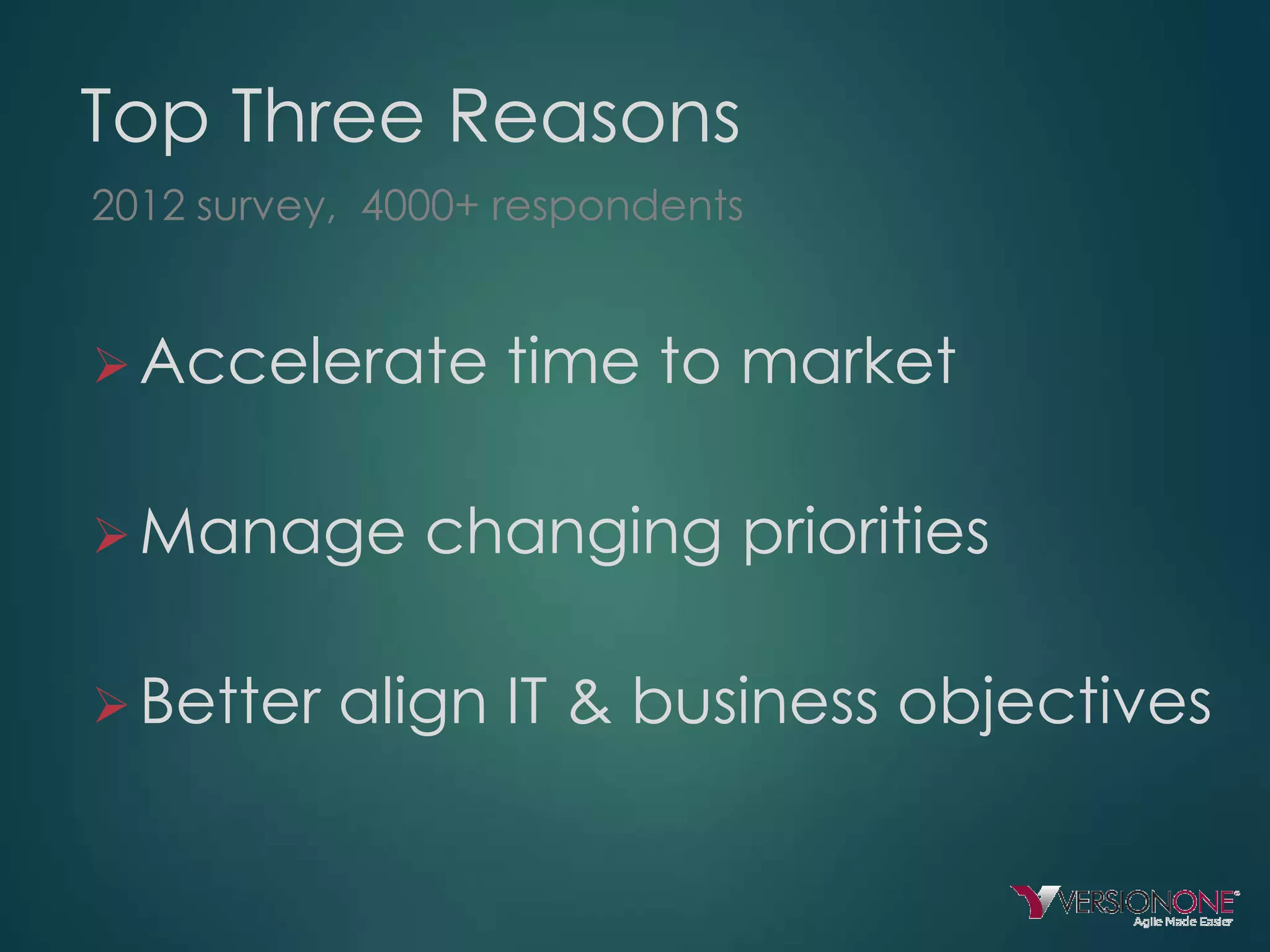 Top Three Reasons
2012 survey, 4000+ respondents

 Accelerate
 Manage

 Better

time to market

changing priorities

align IT & business objectives

 