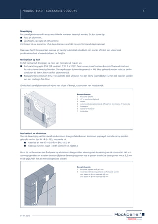 PRODUCTBLAD - ROCKPANEL Colours	

Bevestiging
Rockpanel plaatmateriaal kan op verschillende manieren bevestigd worden. Dit kan zowel op:
■	 hout als aluminium,
■	 geschroefd, genageld of zelfs verlijmd.
Controleer bij uw leverancier of de bevestigingen geschikt zijn voor Rockpanel plaatmateriaal.
Daarnaast heeft Rockpanel een speciaal en handig hulpmiddel ontwikkeld, om snel en efficiënt een uiterst strak
potdekselresultaat te bewerkstelligen, de Easy Fix.
Mechanisch op hout
Bij het mechanisch bevestigen op hout kan men gebruik maken van:
■	 Rockpanel ringnagels (RVS 316 kwaliteit) 2,7/2,9 x 32 PK. Deze kunnen zowel met een kunststof hamer als met een
luchtdrukhamer bevestigd worden. De nagelkoppen kunnen desgewenst in RAL kleur geleverd worden zodat ze perfect
aansluiten bij de RAL kleur van het plaatmateriaal.
■	 Rockpanel Torx-schroeven (RVS 316 kwaliteit); deze schroeven met een kleine kopmiddellijn kunnen ook voorzien worden
van een coating in RAL kleur.
Omdat Rockpanel plaatmateriaal vrijwel niet uitzet of krimpt, is voorboren niet noodzakelijk.
7
1

4

6

2

Beknopte legenda:
1	
Rockpanel panelen
2	
UV en weerbestendig band
3	
latwerk
4	
waterkerende dampdoorlatende diffusie-folie (membraan), UV bestendig
5	
framewerk
6	
isolatie bv Rockwool
7	
binnenblad

1

3

1-2

2

00

5
1-2

00

Mechanisch op aluminium
Voor de bevestiging van Rockpanel op aluminium draagprofielen kunnen aluminium popnagels met vlakke kop worden
gebruikt van het type AP14-5 x 18S, bestaande uit:
	 ■ 	 materiaal EN AW-5019 (conform EN 755-2) en
	 ■ 	 materiaal nummer nagel 1.4541 (conform EN 10088-3)
Houd bij het bevestigen van Rockpanel op aluminium draagprofielen rekening met de werking van de constructie. Het is in
sommige gevallen aan te raden vaste en glijdende bevestigingspunten toe te passen waarbij de vaste punten met ø 5,2 mm
en de glijpunten met ø 8 mm voorgeboord worden.

Beknopte legenda:
1	
Rockpanel panelen dik 6 of 8 mm
A	 maximale ondersteuningsafstand van Rockpanel panelen:	
	
voor platen dik 6 mm maximaal 400 mm
	
voor platen dik 8 mm maximaal 600 mm

A

1

01-11-2010

4

 