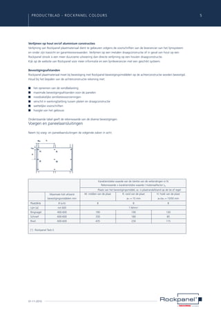 PRODUCTBLAD - ROCKPANEL Colours	

5

Verlijmen op hout en/of aluminium constructies
Verlijming van Rockpanel plaatmateriaal dient te gebeuren volgens de voorschriften van de leverancier van het lijmsysteem
en onder zijn toezicht en garantievoorwaarden. Verlijmen op een metalen draagconstructie of in geval van hout op een
Rockpanel strook is een meer duurzame uitvoering dan directe verlijming op een houten draagconstructie.
Kijk op de website van Rockpanel voor meer informatie en een lijmleverancier met een geschikt systeem.
Bevestigingsafstanden
Rockpanel plaatmateriaal moet bij bevestiging met Rockpanel bevestigingsmiddelen op de achterconstructie worden bevestigd.
Houd bij het bepalen van de achterconstructie rekening met:
■	
■	
■	
■	
■	
■	

het opnemen van de windbelasting
maximale bevestigingsafstanden voor de panelen
noodzakelijke ventilatievoorzieningen
verschil in werking/zetting tussen platen en draagconstructie
wettelijke voorschriften
hoogte van het gebouw

Onderstaande tabel geeft de rekenwaarde van de diverse bevestigingen.

Voegen en paneelaansluitingen

Neem bij voeg- en paneelaansluitingen de volgende zaken in acht.

			Karakteristieke waarde van de sterkte van de verbindingen in N:
			 Rekenwaarde = karakteristieke waarde / materiaalfactor gm
			
Plaats van het bevestigingsmiddel, aR1 is plaatrandafstand op de lat of regel
	
	

Maximale hoh afstand 	

M: midden van de plaat	

bevestigingsmiddelen mm		

H: hoek van de plaat

aR1 = 15 mm	

aR1/aR2 = 15/50 mm

8	

8

Plaatdikte 	

8 (a-b) 	

Lijm [a]	

nvt 600 		

Ringnagel	

400-600 	

190 	

190 	

Schroef 	

600-600 	

330 	

180 	

85

Rivet	

600-600 	

435 	

230 	

115

[1] : Rockpanel Tack-S

01-11-2010

8	

R: rand van de plaat 	

1 N/mm1
130

 