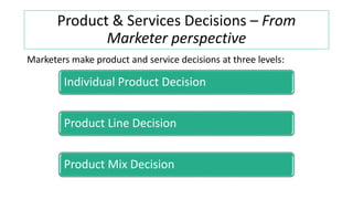 Product & Services Decisions – From
Marketer perspective
Marketers make product and service decisions at three levels:
Individual Product Decision
Product Line Decision
Product Mix Decision
 