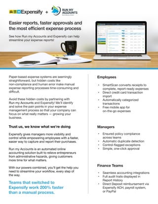 •	 SmartScan converts receipts to
complete, report-ready expenses
•	 Direct credit card transaction
import
•	 Automatically categorized
transactions
•	 Free mobile app for 	
on-the-go expenses
Employees
Managers
•	 Ensured policy compliance
across teams
•	 Automatic duplicate detection
•	 Control-flagged exceptions
•	 Simple, one-click approval
Finance Teams
•	 Seamless accounting integrations
•	 Full audit trails displayed in
Report History
•	 Direct Deposit reimbursement via
Expensify ACH, payroll system, 	
or PayPal
Paper-based expense systems are seemingly
straightforward, but hidden costs like
non-compliance and human error make manual
expense reporting processes time-consuming and
difficult.
Avoid these hidden costs by partnering with
Run my Accounts and Expensify! We’ll identify
and solve the pain points in your expense
management process so that your company can
focus on what really matters — growing your
business.
Trust us, we know what we’re doing
Expensify gives managers more visibility and
control while empowering employees with a faster,
easier way to capture and report their purchases.
Run my Accounts is an automated online
accounting solution built to relieve entrepreneurs
from administrative hazards, giving customers
more time for what matters.
With our powers combined, you’ll get the help you  
need to streamline your workflow, every step of
the way.
Teams that switched to
Expensify work 200% faster
than a manual process.
Easier reports, faster approvals and
the most efficient expense process
See how Run my Accounts and Expensify can help
streamline your expense reports!
+
 
