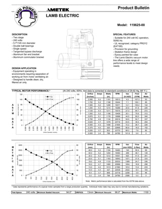 DESCRIPTION SPECIAL FEATURES
DESIGN APPLICATION
TYPICAL MOTOR PERFORMANCE.* (At 240 volts, 60Hz, test data is corrected to standard conditions of 29.92 Hg, 68° F.)
Orifice Amps Watts RPM Vac Flow Air
(Inches) (In) (In.H2O) (CFM) Watts
2.000 5.2 1191 19513 4.2 107.3 53
1.750 5.2 1198 19444 7.1 106.1 89
A 1.500 5.2 1206 19371 12.1 100.2 142
S 1.250 5.3 1214 19289 20.9 91.8 226
T 1.125 5.3 1211 19310 27.3 84.7 272
M 1.000 5.2 1198 19409 35.1 75.6 312
0.875 5.1 1178 19588 44.5 65.0 340
D 0.750 4.9 1134 20019 54.5 52.7 337
A 0.625 4.7 1078 20716 63.5 39.4 294
T 0.500 4.3 1006 21654 72.2 26.7 226
A 0.375 4.0 325 22695 80.9 16.0 152
0.250 3.7 833 23770 89.3 7.8 82
0.000 3.4 798 24780 101.8 0.0 0
Orifice Amps Watts RPM Vac Flow Air
M (mm) (In) (mm H2O) (L/Sec) Watts
E 48.0 5.2 1194 19483 140 50.4 69
T 40.0 5.2 1204 19393 269 48.1 126
R 30.0 5.3 1212 19301 620 41.5 251
I 23.0 5.1 1183 19543 1071 31.9 333
C 19.0 4.9 1133 20033 1389 24.7 336
16.0 4.7 1080 20688 1604 18.8 296
D 13.0 4.4 1013 21560 1812 13.2 233
A 10.0 4.0 427 22539 2022 8.3 163
T 6.5 3.7 808 23716 2258 3.9 86
A 0.0 3.4 798 24780 2586 0.0 0
Note: Metric performance data is calculated from the ASTM data above.
* Data represents performance of a typical motor sampled from a large production quantity. Individual motor data may vary due to normal manufacturing variations.
Test Specs: 240 volts Minimum Sealed Vacuum: 94.0" ORIFICE: 13mm Minimum Vacuum: 66.0" Maximum Watts: 1100
0
20
40
60
80
100
120
0.000
0.250
0.375
0.500
0.625
0.750
0.875
1.000
1.125
1.250
1.500
1.750
2.000
Orifice Diameter (Inches)
Vacuum--InchesH2O
0
20
40
60
80
100
120
AirFlow--CFM
Vac
Flow
- Suitable for 240 volt AC operation,
50/60 Hz.
- UL recognized, category PRGY2
(E47185)
- Provision for grounding
- Skeleton frame design
- Epoxy painted fan case
- The Lamb Electric vacuum motor
line offers a wide range of
performance levels to meet design
needs
- Two stage
- 240 volts
- 5.7"/145 mm diameter
- Double ball bearings
- Single speed
- Tangential bypass discharge
- Aluminum fan end bracket
- Aluminum commutator bracket
- Equipment operating in
environments requiring separation of
working air from motor ventilating air.
- Designed to handle clean, dry,
filtered air only.
0
500
1000
1500
2000
2500
3000
0.0
6.5
10.0
13.0
16.0
19.0
23.0
30.0
40.0
48.0
Orifice Diameter (mm)
Vacuum--MMH20
0
10
20
30
40
50
60
AirFlow--L/Sec.
Vac
Flow
Model: 119625-00
Product Bulletin
LAMB ELECTRIC
 