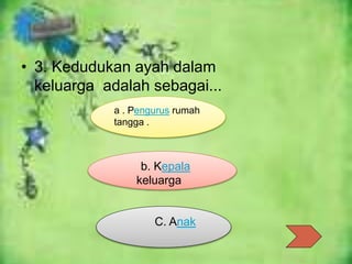 • 3. Kedudukan ayah dalam
keluarga adalah sebagai...
a . Pengurus rumah
tangga .
b. Kepala
keluarga
C. Anak
 