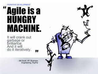 It will crank out
garbage or
brilliance.
And it will
do it iteratively.
Agile is a
HUNGRY
MACHINE.
“
”- Bill Scott, VP, Business
Engineering, PayPal
ITERATIVE DEVELOPMENT
 