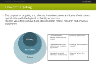 Tertiary
Secondary
Keyword Targeting
• The purpose of targeting is to allocate limited resources and focus efforts toward
opportunities with the highest probability of success
• Highest-value targets have been identified from market research and previous
experience
• Users interested in
learning more about your
product
• Example “iPhone APIs”
• Users looking for content
related to your product or
a competitor
• Example “iPhone software
dev kits”
• Users looking related
information or alternatives
• Example “Iphone Sys-
tools”
Primary
 