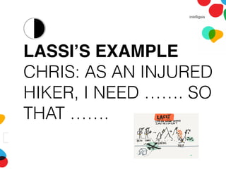 LASSI’S EXAMPLE
CHRIS: AS AN INJURED
HIKER, I NEED ……. SO
THAT …….
 