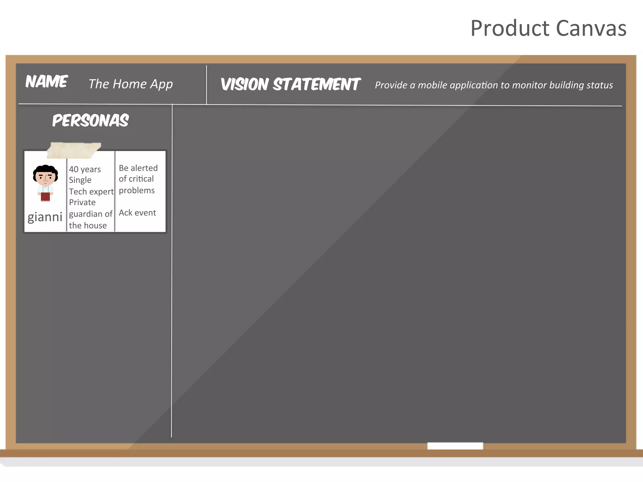 Vision Statement Provide	
  a	
  mobile	
  applica4on	
  to	
  monitor	
  building	
  status	
  Name The	
  Home	
  App	
  
Product	
  Canvas	
  
personas
gianni	
  
40	
  years	
  
Single	
  
Tech	
  expert	
  
Private	
  
guardian	
  of	
  
the	
  house	
  
Be	
  alerted	
  
of	
  cri2cal	
  
problems	
  
	
  
Ack	
  event	
  
 