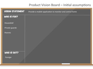 Vision Statement
Who is for?
Housedold	
  
	
  
Private	
  guards	
  
	
  
Parents	
  
Product	
  Vision	
  Board	
  –	
  Ini2al	
  assump2ons	
  
Provide	
  a	
  mobile	
  applica4on	
  to	
  monitor	
  and	
  control	
  home	
  
Who is out?
Foreign	
  
 