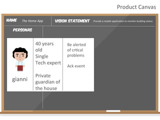personas
gianni	
  
40	
  years	
  
old	
  
Single	
  
Tech	
  expert	
  
	
  
Private	
  
guardian	
  of	
  
the	
  house	
  
Be	
  alerted	
  
of	
  cr2cal	
  
problems	
  
	
  
Ack	
  event	
  
Product	
  Canvas	
  
Vision Statement Provide	
  a	
  mobile	
  applica4on	
  to	
  monitor	
  building	
  status	
  Name The	
  Home	
  App	
  
 