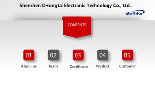 CONTENTS
About us Team Certificate Product Customer
01 02 03 04 05
Shenzhen DHongtai Electronic Technology Co., Ltd.
 