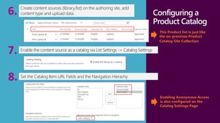 Connect with 
customers 
Configuring a 
Product Catalog 
This Product list is just like 
the on-premises Product 
Catalog Site Collection 
Create content sources (library/list) on the authoring site, add 
content type and upload data 6. 
Enable the content source as a catalog via List Settings 7. -> Catalog Settings 
8. Set the Catalog Item URL Fields and the Navigation Hierachy 
Enabling Anonymous Access 
is also configured on the 
Catalog Settings Page 
 