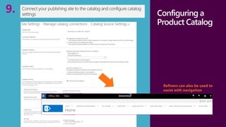 Connect with 
customers 
Configuring a 
Product Catalog 
Connect your publishing site to the catalog and configure catalog 
settings 9. 
Refiners can also be used to 
assist with navigation 
 