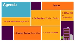 Agenda 
1. Why IT Service Management? 
3. Configuring a Product Catalog 
2. Product Catalog Demystified 
Demo 
5. Office 365 
vs 
On-Premises 
4. Limits and Uses 
 
