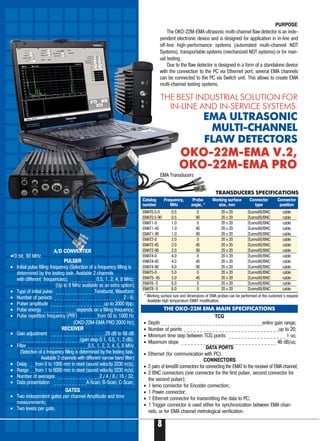 8
THE BEST INDUSTRIAL SOLUTION FOR
IN-LINE AND IN-SERVICE SYSTEMS.
EMA ULTRASONIC
MULTI-CHANNEL
FLAW DETECTORS
ОКО 22M EMA V.2,ОКО 22M EMA V.2,
ОКО 22M EMA PROОКО 22M EMA PRO
PURPOSE
The ОКО 22М EMA ultrasonic multi-channel flaw detector is an inde-
pendent electronic device and is designed for application in in line and
off line high performance systems (automated multi channel NDT
Systems), transportable systems (mechanized NDT systems) or for man-
ual testing.
Due to the flaw detector is designed in a form of a standalone device
with the connection to the PC via Ethernet port, several EMA channels
can be connected to the PC via Switch unit. This allows to create EMA
multi channel testing systems.
THE ОКО 22М EМА MAIN SPECIFICATIONS
TCG
• Depth _ _ _ _ _ _ _ _ _ _ _ _ _ _ _ _ _ _ _ _ _ _ _ _ _ _ _ _ _ _ _ _entire gain range;
• Number of points _ _ _ _ _ _ _ _ _ _ _ _ _ _ _ _ _ _ _ _ _ _ _ _ _ _ _ _ _ _up to 20;
• Minimum time step between TCG points _ _ _ _ _ _ _ _ _ _ _ _ _ _ _ _ _ _ 1 us;
• Maximum slope _ _ _ _ _ _ _ _ _ _ _ _ _ _ _ _ _ _ _ _ _ _ _ _ _ _ _ _ _ _ 46 dB/us;
DATA PORTS
• Ethernet (for communication with PC).
CONNECTORS
• 2 pairs of lemo00 connectors for connecting the EMAT to the receiver of EMA channel;
• 2 BNC connectors (one connector for the first pulser, second connector for
the second pulser);
• 1 lemo connector for Encoder connection;
• 1 Power connector;
• 1 Ethernet connector for transmitting the data to PC;
• 1 Trigger connector is used either for synchronization between EMA chan-
nels, or for EMA channel metrological verification.
Catalog Frequency, Probe Working surface Connector Connector
number MHz angle, 0
size, mm type position
EMAT0.5 0 0.5 0 20 x 20 2Lemo00/BNC cable
EMAT0.5 90 0.5 90 20 x 20 2Lemo00/BNC cable
EMAT1 0 1.0 0 20 x 20 2Lemo00/BNC cable
EMAT1 45 1.0 45 20 x 20 2Lemo00/BNC cable
EMAT1 90 1.0 90 20 x 20 2Lemo00/BNC cable
EMAT2 0 2.0 0 20 x 20 2Lemo00/BNC cable
EMAT2 45 2.0 45 20 x 20 2Lemo00/BNC cable
EMAT2 90 2.0 90 20 x 20 2Lemo00/BNC cable
EMAT4 0 4.0 0 20 x 20 2Lemo00/BNC cable
EMAT4 45 4.0 45 20 x 20 2Lemo00/BNC cable
EMAT4 90 4.0 90 20 x 20 2Lemo00/BNC cable
EMAT5 0 5.0 0 20 x 20 2Lemo00/BNC cable
EMAT5 45 5.0 45 20 x 20 2Lemo00/BNC cable
EMAT6 0 6.0 0 20 x 20 2Lemo00/BNC cable
EMAT8 0 8.0 0 20 x 20 2Lemo00/BNC cable
* Working surface size and dimensions of EMA probes can be performed at the customer`s request.
Available high temperature EMAT modification.
TRANSDUCERS SPECIFICATIONS
EMA Transducers
A/D CONVERTER
•10 bit, 80 MHz.
PULSER
• Initial pulse filling frequency (Selection of a frequency filling is
determined by the testing task. Available 2 channels
with different frequencies); _ _ _ _ _ _ _ _ 0.5, 1, 2, 4, 8 MHz;
(Up to 8 MHz available as an extra option);
• Type of initial pulse _ _ _ _ _ _ _ _ _ _ _ _ _Toneburst, Waveform
• Number of periods _ _ _ _ _ _ _ _ _ _ _ _ _ _ _ _ _ _ _ _ _ _ _2 6;
• Pulser amplitude _ _ _ _ _ _ _ _ _ _ _ _ _ _ _ _ _ _up to 2000 Vpp;
• Pulse energy _ _ _ _ _ _ _ _ _ _ _depends on a filling frequency;
• Pulse repetition frequency (PRF) _ _ _ _ _ _from 50 to 1000 Hz
(OKO-22M-EMA PRO 2000 Hz);
RECEIVER
• Gain adjustment _ _ _ _ _ _ _ _ _ _ _ _ _ _ _ _ _ _28 dB to 68 dB
_ _ _ _ _ _ _ _ _ _ _ _ _ _ _ _ _ _ _ _(gain step 0.1, 0.5, 1, 2 dB).
• Filter _ _ _ _ _ _ _ _ _ _ _ _ _ _ _ _ _ _ _ _0.5, 1, 2, 3, 4, 5, 6 MHz
(Selection of a frequency filling is determined by the testing task.
Available 2 channels with different narrow band filter);
• Delay _ _from 0 to 1000 mm in steel (sound velocity 3230 m/s);
• Range _ _from 1 tо 6000 mm in steel (sound velocity 3230 m/s);
• Number of averages _ _ _ _ _ _ _ _ _ _ _ _ _ _2 / 4 / 8 / 16 / 32;
• Data presentation _ _ _ _ _ _ _ _ _ _ _А Scan; B Scan; C Scan;
GATES
• Two independent gates per channel Amplitude and time
measurements;
• Two levels per gate.
 