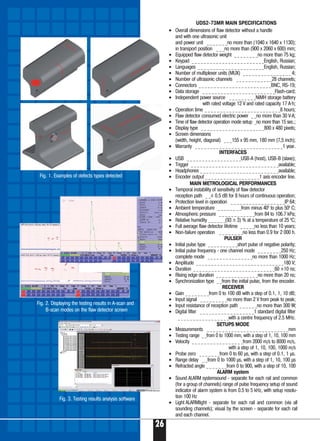 26
UDS2 73MR MAIN SPECIFICATIONS
• Overall dimensions of flaw detector without a handle
and with one ultrasonic unit
and power unit _ _ _ _ _ _ _no more than (1040 x 1640 x 1130);
in transport position _ _ _no more than (900 x 2060 x 600) mm;
• Equipped flaw detector weight _ _ _ _ _ _ _ _no more than 75 kg;
• Keypad _ _ _ _ _ _ _ _ _ _ _ _ _ _ _ _ _ _ _ _ _ _ _ _English, Russian;
• Languages _ _ _ _ _ _ _ _ _ _ _ _ _ _ _ _ _ _ _ _ _ _English, Russian;
• Number of multiplexer units (MUX) _ _ _ _ _ _ _ _ _ _ _ _ _ _ _ _ 4;
• Number of ultrasonic channels _ _ _ _ _ _ _ _ _ _ _ _28 channels;
• Connectors _ _ _ _ _ _ _ _ _ _ _ _ _ _ _ _ _ _ _ _ _ _ _ _BNC, RS 19;
• Data storage _ _ _ _ _ _ _ _ _ _ _ _ _ _ _ _ _ _ _ _ _ _ _ _Flash card;
• Independent power source _ _ _ _ _ _ _ _ _NiMH storage battery
with rated voltage 12 V and rated capacity 17 А.h;
• Operation time _ _ _ _ _ _ _ _ _ _ _ _ _ _ _ _ _ _ _ _ _ _ _ _ _8 hours;
• Flaw detector consumed electric power _ _no more than 30 V·А;
• Time of flaw detector operation mode setup _no more than 15 sec.;
• Display type _ _ _ _ _ _ _ _ _ _ _ _ _ _ _ _ _ _ _ _ _800 x 480 pixels;
• Screen dimensions
(width, height, diagonal) _ _ _155 x 95 mm, 180 mm (7,5 inch);
• Warranty _ _ _ _ _ _ _ _ _ _ _ _ _ _ _ _ _ _ _ _ _ _ _ _ _ _ _ _ _1 year.
INTERFACES
• USB _ _ _ _ _ _ _ _ _ _ _ _ _ _ _ _ _ _USB A (host), USB B (slave);
• Trigger _ _ _ _ _ _ _ _ _ _ _ _ _ _ _ _ _ _ _ _ _ _ _ _ _ _ _ _ _available;
• Headphones _ _ _ _ _ _ _ _ _ _ _ _ _ _ _ _ _ _ _ _ _ _ _ _ _ _available;
• Encoder output _ _ _ _ _ _ _ _ _ _ _ _ _ _ _ _ _ _1 axis encoder line.
MAIN METROLOGICAL PERFORMANCES
• Temporal instability of sensitivity of flaw detector
reception path _ _± 0.5 dB for 8 hours of continuous operation;
• Protection level in operation _ _ _ _ _ _ _ _ _ _ _ _ _ _ _ _ _ _IP 64;
• Ambient temperature _ _ _ _ _ _ _ _from minus 400
to plus 500
С;
• Atmospheric pressure _ _ _ _ _ _ _ _ _ _ _ _from 84 to 106.7 kPa;
• Relative humidity _ _ _ _ _ _(93 ± 3) % at a temperature of 25 0
С;
• Full average flaw detector lifetime _ _ _ _ _no less than 10 years;
• Non failure operation _ _ _ _ _ _ _ _no less than 0.9 for 2 000 h.
PULSER
• Initial pulse type _ _ _ _ _ _ _ _ _ _short pulse of negative polarity;
• Initial pulse frequency one channel mode _ _ _ _ _ _ _ _250 Hz;
complete mode _ _ _ _ _ _ _ _ _ _ _ _ _ _ _no more than 1000 Hz;
• Amplitude _ _ _ _ _ _ _ _ _ _ _ _ _ _ _ _ _ _ _ _ _ _ _ _ _ _ _ _ _180 V;
• Duration _ _ _ _ _ _ _ _ _ _ _ _ _ _ _ _ _ _ _ _ _ _ _ _ _ _ _60 ±10 ns;
• Rising edge duration _ _ _ _ _ _ _ _ _ _ _ _ _ _no more than 20 ns;
• Synchronization type _ _from the initial pulse, from the encoder.
RECEIVER
• Gain _ _ _ _ _ _ _ _from 0 to 100 dB with a step of 0.1, 1, 10 dB;
• Input signal _ _ _ _ _ _ _ _ _no more than 2 V from peak to peak;
• Input resistance of reception path _ _ _ _ _ _no more than 300 W;
• Digital filter _ _ _ _ _ _ _ _ _ _ _ _ _ _ _ _ _ _1 standard digital filter
_ _ _ _ _ _ _ _ _ _ _ _ _ _ _ _ _with a centre frequency of 2.5 MHz.
SETUPS MODE
• Measurements _ _ _ _ _ _ _ _ _ _ _ _ _ _ _ _ _ _ _ _ _ _ _ _ _ _ _mm
• Testing range _ _from 0 to 1000 mm, with a step of 1, 10, 100 mm
• Velocity _ _ _ _ _ _ _ _ _ _ _ _ _ _ _ _ _from 2000 m/s to 8000 m/s,
with a step of 1, 10, 100, 1000 m/s
• Probe zero _ _ _ _ _ _ _from 0 to 60 μs, with a step of 0.1, 1 μs.
• Range delay _ _from 0 to 1000 μs, with a step of 1, 10, 100 μs
• Refracted angle _ _ _ _ _ _ _from 0 tо 900, with a step of 10, 100
ALARM system
• Sound ALARM systemsound separate for each rail and common
(for a group of channels) range of pulse frequency setup of sound
indicator of alarm system is from 0.5 to 5 kHz, with setup resolu-
tion 100 Hz
• Light ALARMlight separate for each rail and common (via all
sounding channels); visual by the screen separate for each rail
and each channel.
Fig. 2. Displaying the testing results in A scan and
B scan modes on the flaw detector screen
Fig. 1. Examples of defects types detected
Fig. 3. Testing results analysis software
 