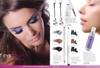 EYE
color www.jafra.co.id | 5352 | www.jafra.co.id
Miliki Produk Favorit Sebagai Host
Makeup Remover
Untuk Mata dan Bibir
Membersihkan maskara dan tata
rias waterproof dengan mudah.
Mengandung nutrisi buah ketimun
yang menenangkan dan minyak
kacang Macademia yang merawat.
Sesuai untuk semua jenis kulit,
aman untuk mata sensitif dan peng-
guna contact lens. | 125 ml.
Rp.136.000,-
12045
Automatic Eyeliner
Waterproof, bertahan
lama dengan formula
anti coreng. Mengandung
Vitamin E dan C. | 0.28 gr.
Rp. 95.000,-
Coffee15746
Onyx15745
Inkwell Liquid Eyeliner
Dengan formulasinya yang cepat
mengering, sehingga dapat
diaplikasikan dengan tepat dan
mudah untuk penampilan dramatis.
Rp. 114.500,-
Jet Black 15734
Deep Brown 15733
Black 15730
Dark Brown 15728
Silver 15731
Eye Pencil
Mempertegas mata tanpa
coreng atau memudar.
Mengandung vitamin E.
Dapat di aplikasi dengan
mudah, bertahan lama
dan anti coreng. | 1 gr.
Rp. 89.000,-
Midnight Blue 15736
 