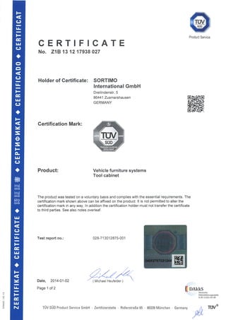 TUV Product certificate Sortimo Globalyst