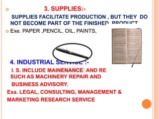  3. SUPPLIES:-
SUPPLIES FACILITATE PRODUCTION , BUT THEY DO
NOT BECOME PART OF THE FINISHED PRODUCT .
 Exe. PAPER ,PENCIL, OIL, PAINTS,
4. INDUSTRIAL SERVICE :-
I. S. INCLUDE MAINENANCE AND REPAIR SERVICE
SUCH AS MACHINERY REPAIR AND
BUSINESS ADVISORY.
Exa. LEGAL, CONSULTING, MANAGEMENT &
MARKETING RESEARCH SERVICE
 