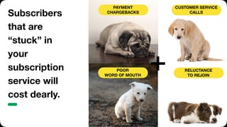 Subscribers
that are
“stuck” in
your
subscription
service will
cost dearly.
PAYMENT
CHARGEBACKS
CUSTOMER SERVICE
CALLS
RELUCTANCE
TO REJOIN
POOR
WORD OF MOUTH
 