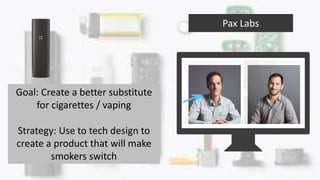Pax Labs
Goal: Create a better substitute
for cigarettes / vaping
Strategy: Use to tech design to
create a product that will make
smokers switch
 