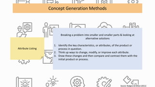Source: Rodgers & Milton (2011)
Concept Generation Methods
Attribute Listing
Breaking a problem into smaller and smaller parts & looking at
alternative solutions
1. Identify the key characteristics, or attributes, of the product or
process in question.
2. Think up ways to change, modify, or improve each attribute.
3. Draw these changes and then compare and contrast them with the
initial product or process.
 
