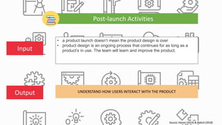 Source: Haines (2014) & Babich (2018)
Post-launch Activities
• a product launch doesn’t mean the product design is over
• product design is an ongoing process that continues for as long as a
product’s in use. The team will learn and improve the product.Input
Output UNDERSTAND HOW USERS INTERACT WITH THE PRODUCT
 