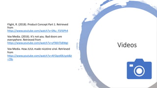 Flight, R. (2018). Product Concept Part 1. Retrieved
from
https://www.youtube.com/watch?v=SNu_FSF6Ph4
Vox Media. (2016). It’s not you. Bad doors are
everywhere. Retrieved from
https://www.youtube.com/watch?v=yY96hTb8WgI
Vox Media. How JUUL made nicotine viral. Retrieved
from
https://www.youtube.com/watch?v=AFOpoKBUyok&t
=78s
Videos
 