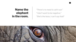 10
Name the
elephant
in the room.
“There’s no need to call it out.”
“I don’t want to be negative.”
“She’s the boss, I can’...