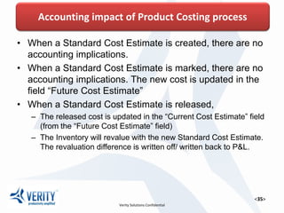  When a Standard Cost Estimate is created, there are no accounting
implications.
 When a Standard Cost Estimate is marked, there are no accounting
implications. The new cost is updated in the field “Future Cost Estimate”
 When a Standard Cost Estimate is released,
 The released cost is updated in the “Current Cost Estimate” field (from the “Future Cost
Estimate” field)
 The Inventory will revalue with the new Standard Cost Estimate. The revaluation
difference is written off/ written back to P&L.
Accounting impact of Product Costing process
 