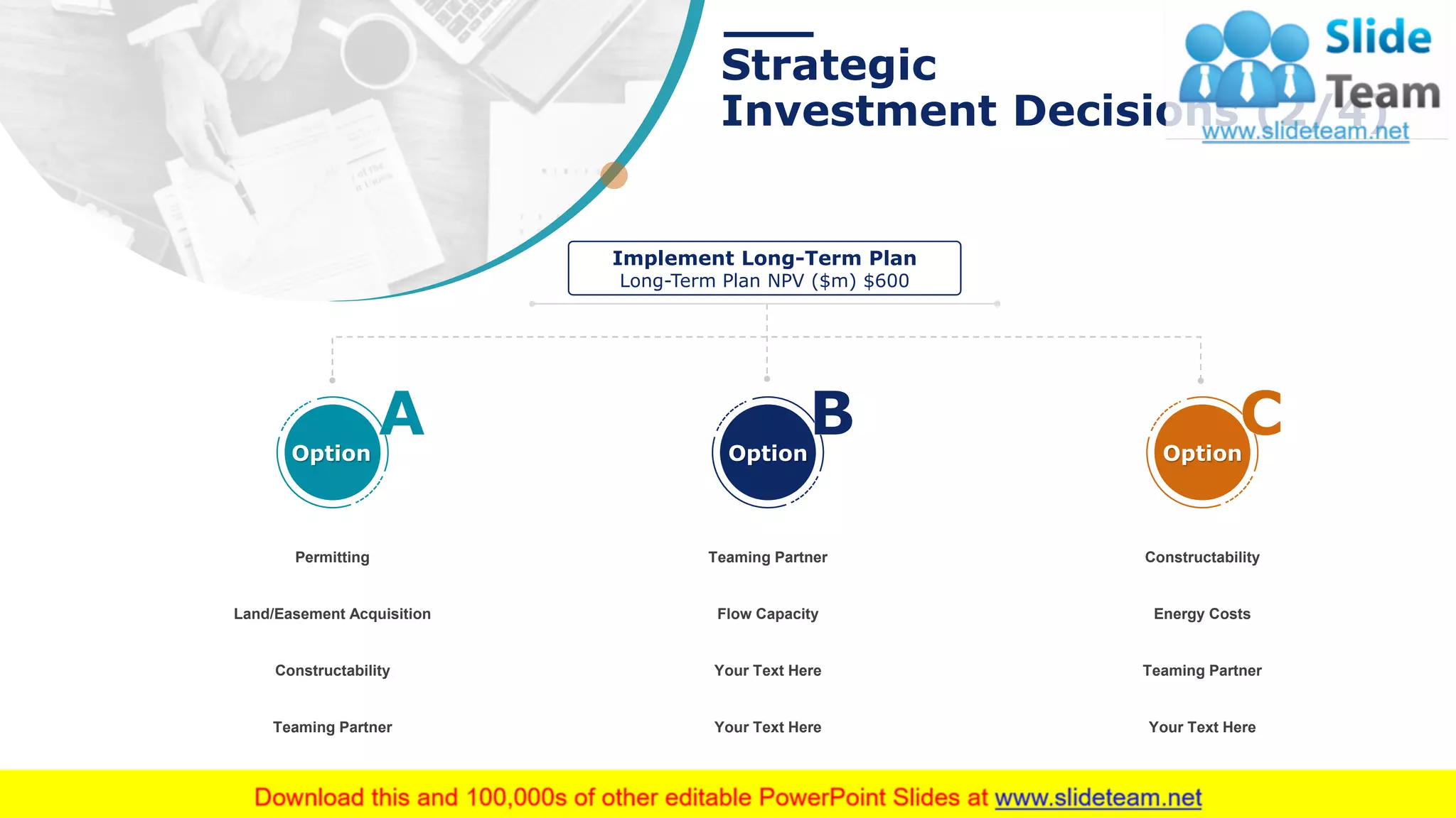 Strategic
Investment Decisions (2/4)
21
Implement Long-Term Plan
Long-Term Plan NPV ($m) $600
Permitting
Land/Easement Acquisition
Constructability
Teaming Partner
Teaming Partner
Flow Capacity
Your Text Here
Your Text Here
Constructability
Teaming Partner
Your Text Here
Energy Costs
OptionOption Option
This slide is 100% editable. Adapt it to your needs and capture your audience's attention.
 