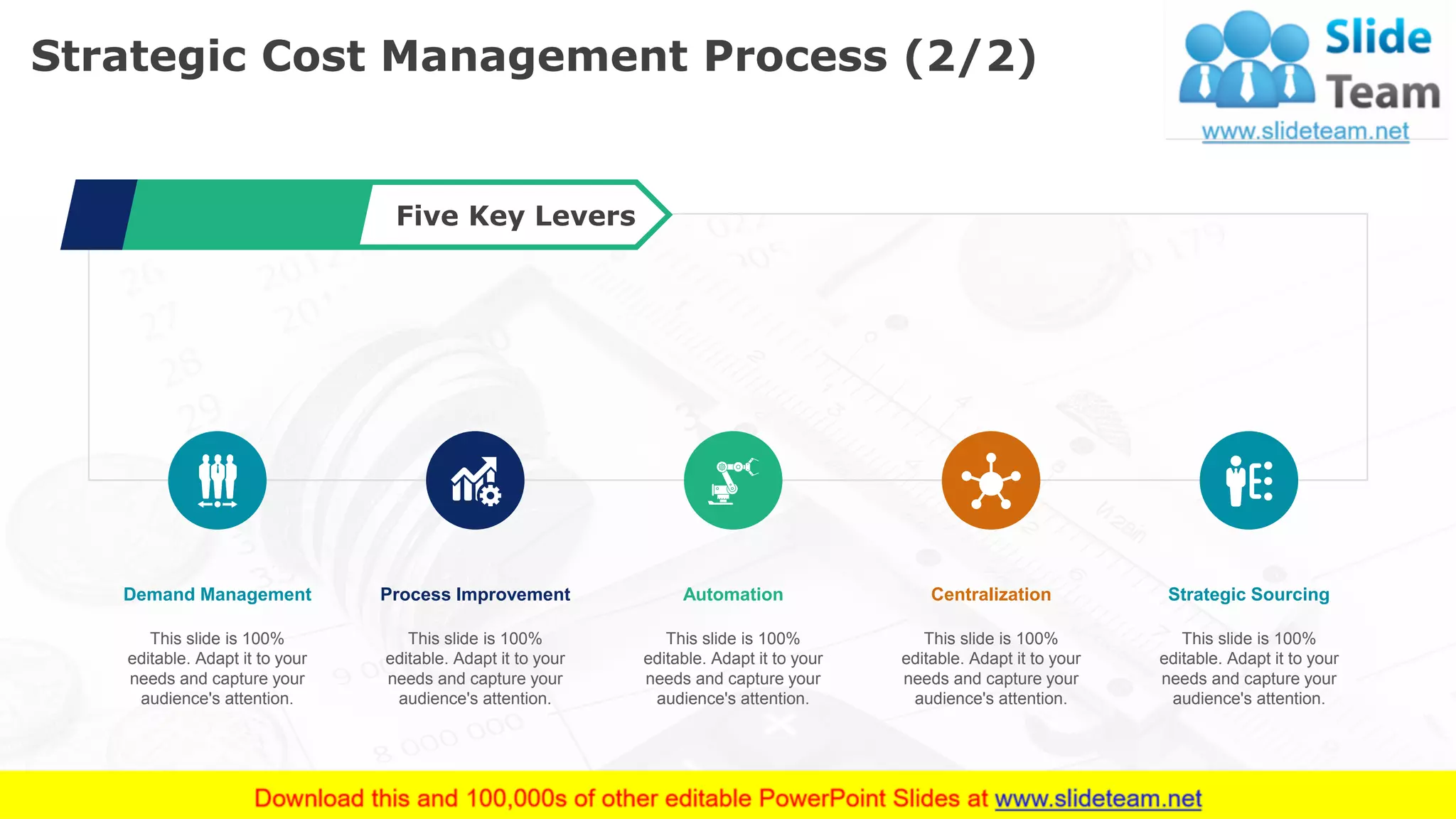 Strategic Cost Management Process (2/2)
This slide is 100% editable. Adapt it to your needs and capture your audience's attention.
Demand Management
This slide is 100%
editable. Adapt it to your
needs and capture your
audience's attention.
Process Improvement
This slide is 100%
editable. Adapt it to your
needs and capture your
audience's attention.
Automation
This slide is 100%
editable. Adapt it to your
needs and capture your
audience's attention.
Centralization
This slide is 100%
editable. Adapt it to your
needs and capture your
audience's attention.
Strategic Sourcing
This slide is 100%
editable. Adapt it to your
needs and capture your
audience's attention.
Five Key Levers
54
 