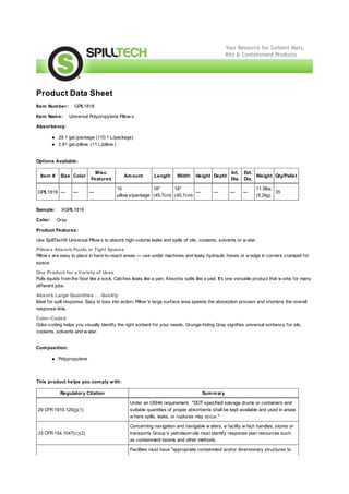 Product Data Sheet - Universal Absorbent Pillows from Project Sales Corp